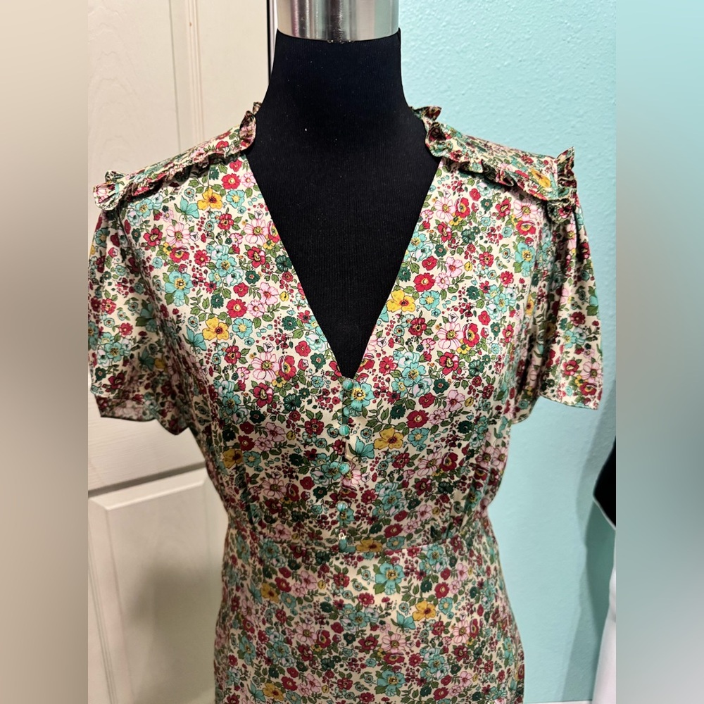 Sandro Floral Mini Dress in Green, Red, Yellow - Picture 2 of 10
